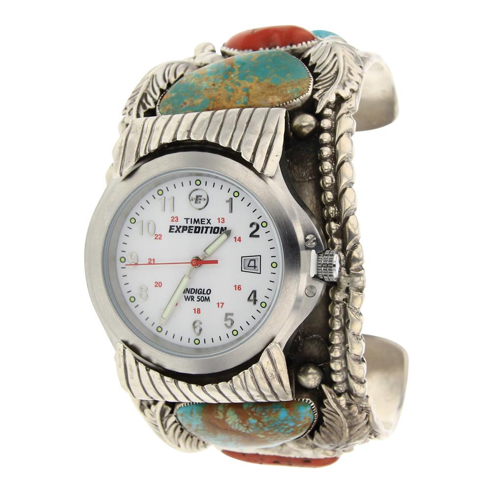 Vintage Turquoise & Coral Watch Cuff Bracelet (1 of 3)
