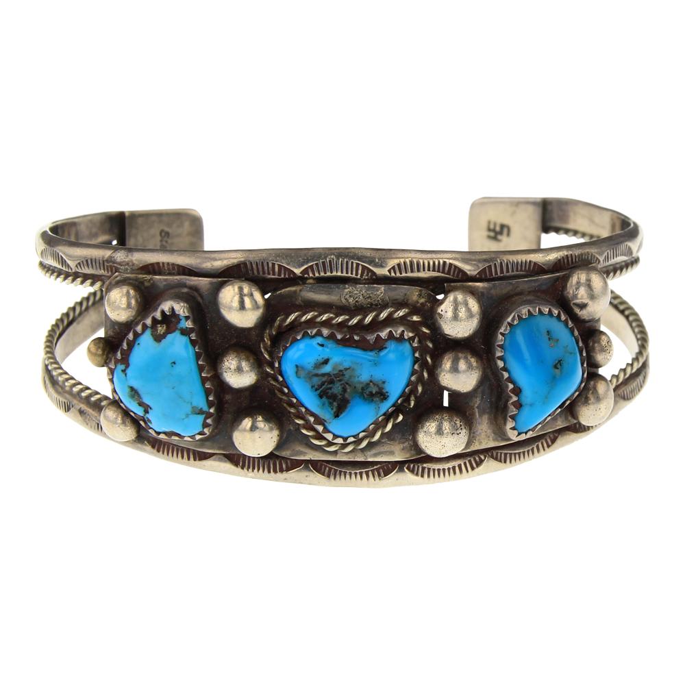 Vintage Pawn Kingman Turquoise Cuff Bracelet: Sterling Silver | Genuine Kingman Turquoise | Vintage Pawn Kingman Turquoise Cuff Bracelet | Navajo Native American Southwest Indian Jewelry | Approximate Weight: 28 Grams, | Dimensions: Bracelet: 5.5
