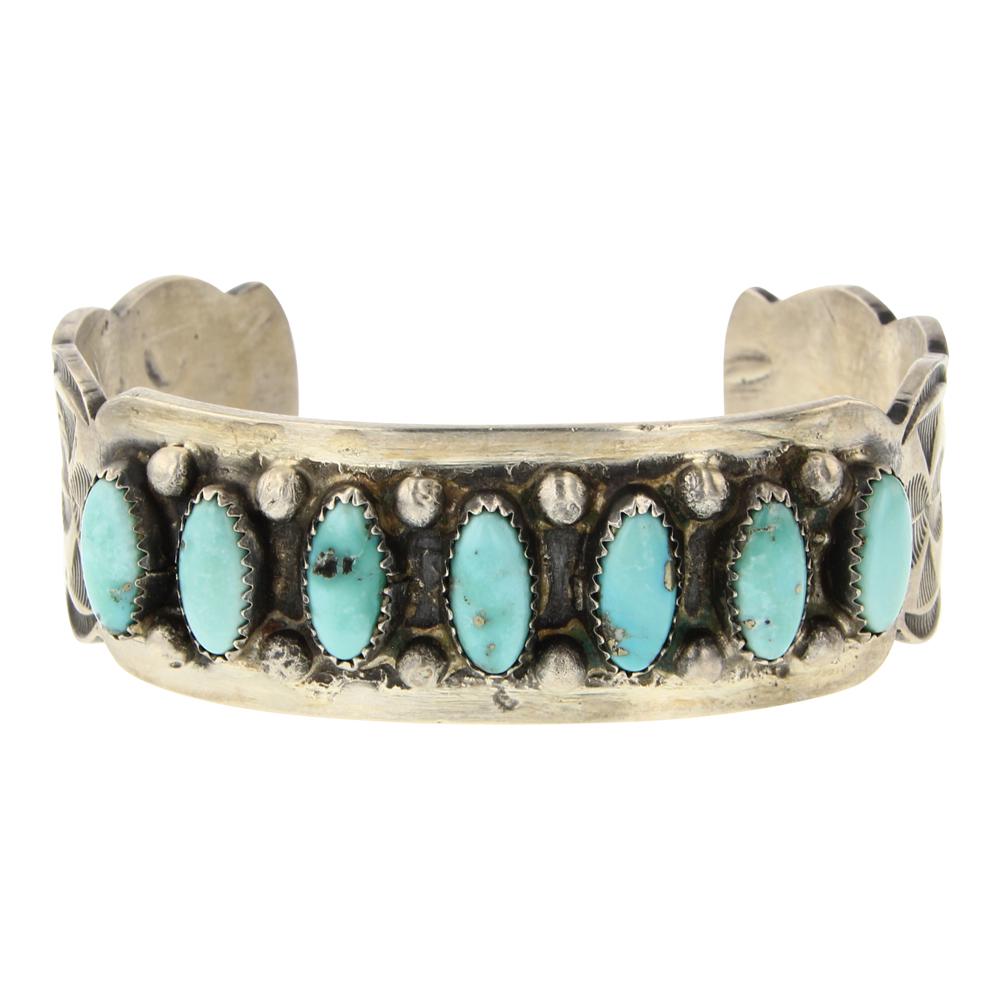 Shawn Cayatineto Whitewater Turquoise Row Cuff Bracelet: Sterling Silver | Genuine Whitewater Turquoise | Shawn Cayatineto Whitewater Turquoise Row Cuff Bracelet | Navajo Native American Southwest Indian Jewelry | Approximate Weight: 58 Grams, | Dimensions: