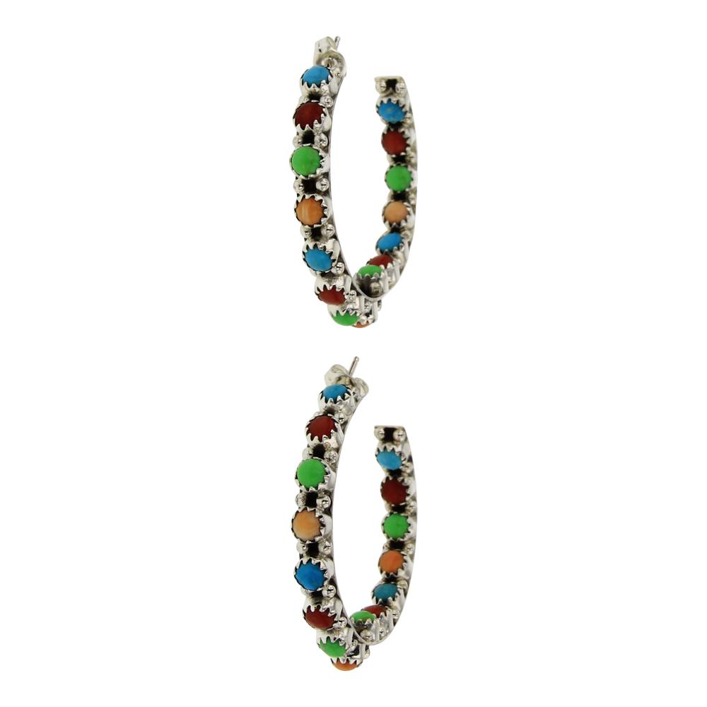 Gaynelle Parker Shawna Yazzie Turquoise Coral & Spiny: Sterling Silver | Genuine Turquoise, Coral, Spiny Oyster & Dyed Green Nacozari Turquoise | Gaynelle Parker Shawna Yazzie Turquoise Coral & Spiny Oyster Hoop Inside & Out Earrings | Navajo Native Ameri
