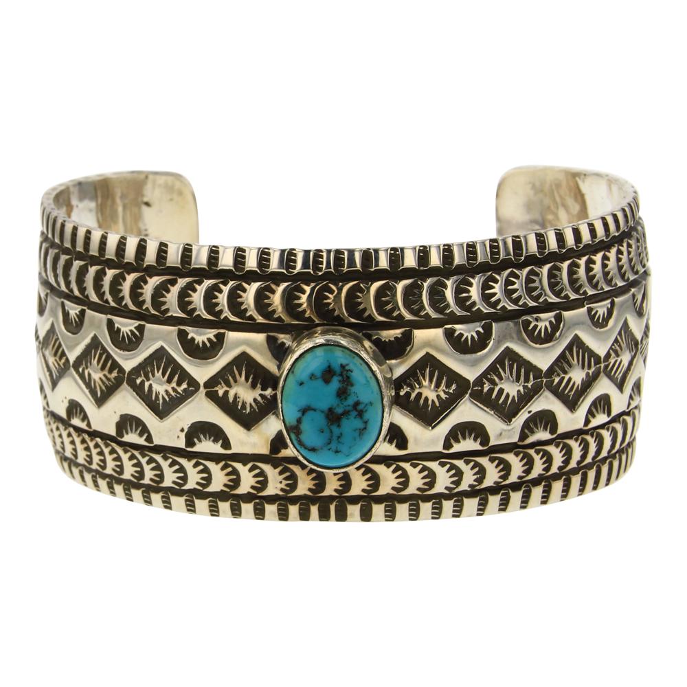Richard Begay Sleeping Beauty Nugget Turquoise Stamp: Sterling Silver | Genuine Sleeping Beauty Nugget | Richard Begay Sleeping Beauty Nugget Turquoise Stamp Cuff Bracelet | Navajo Native American Southwest Indian Jewelry | Approximate Weight: 69 Grams,