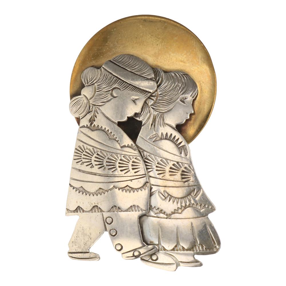 Navajo Plain Silver & Brass Story Teller Pin: Sterling Silver | | Navajo Plain Silver & Brass Story Teller Pin | Navajo Native American Southwest Indian Jewelry | Approx. Weight:8 Grams, | Dimensions: Pin: 1" x 2" | Signed: BB