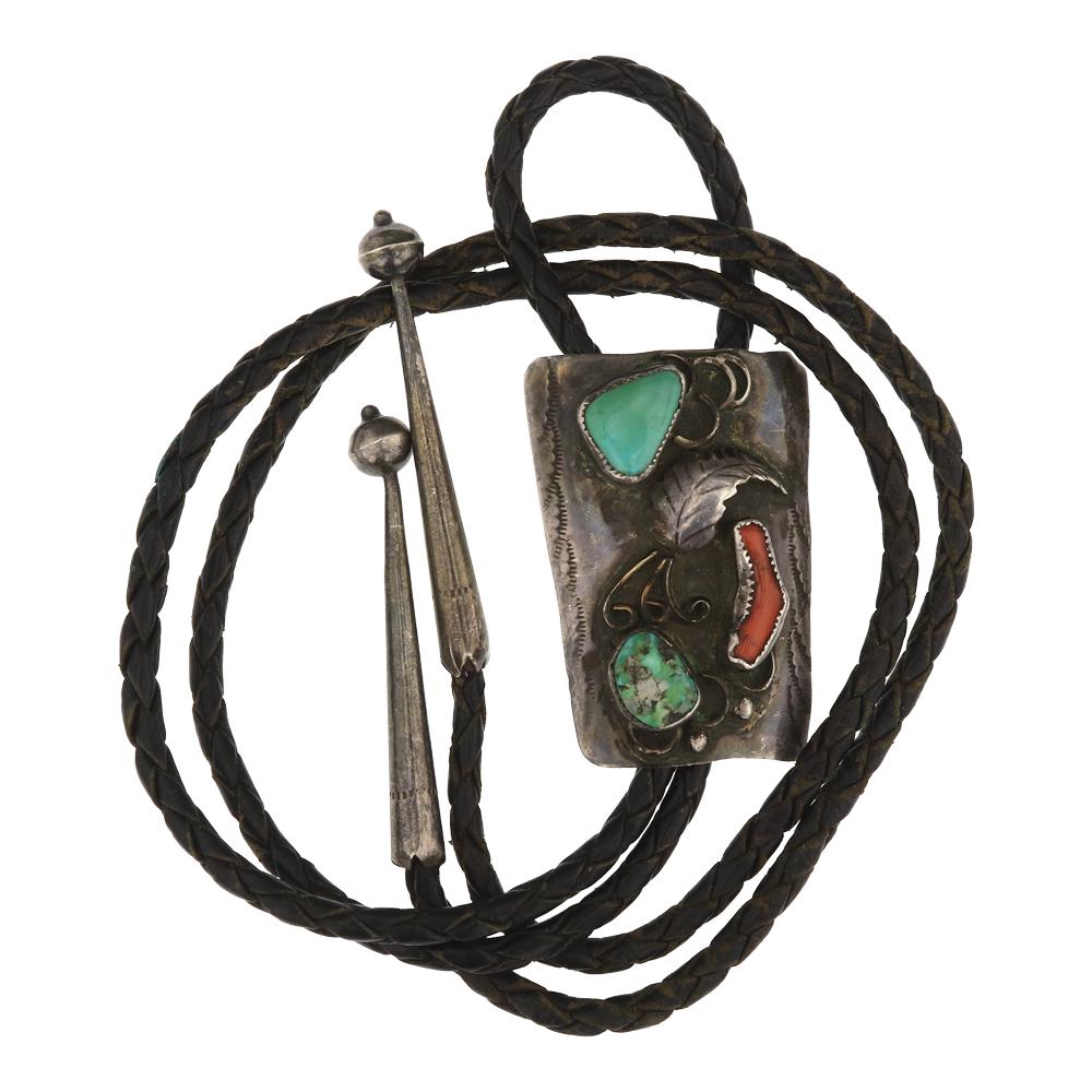 Old Pawn Turquoise & Coral Bolo Tie (1 of 3)