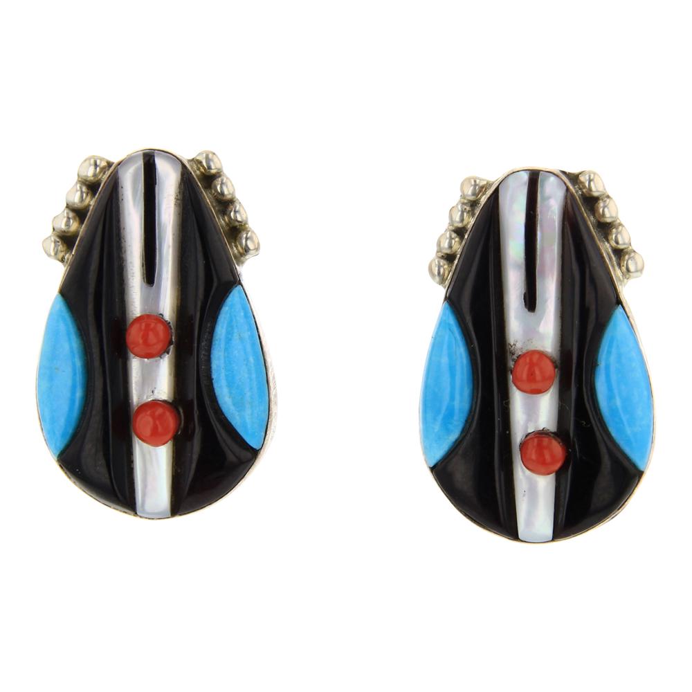 Virginia Quam Zuni Turquoise Coral & MoP Inlay Earrings: Sterling Silver | Genuine Turquoise, Coral, Acoma Jet & Mother of Pearl | Virginia Quam Zuni Turquoise Coral & MoP Inlay Earrings | Zuni Native American Southwest Indian Jewelry | Approx. Weight:7 Gra