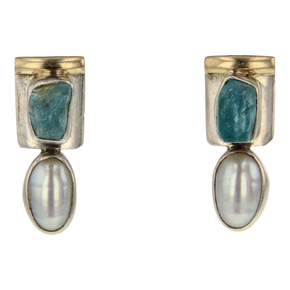 Lilly Barrack 14K Gold Aquamarine & Pearl Earrings: Sterling Silver | Genuine Aquamarine & Pearl | Lilly Barrack 14K Gold Aquamarine & Pearl Earrings | Lilly Barrack Southwest Shop New Mexico | Approx. Weight:7 Grams, | Dimensions: Earrings: .25" x 1" 
