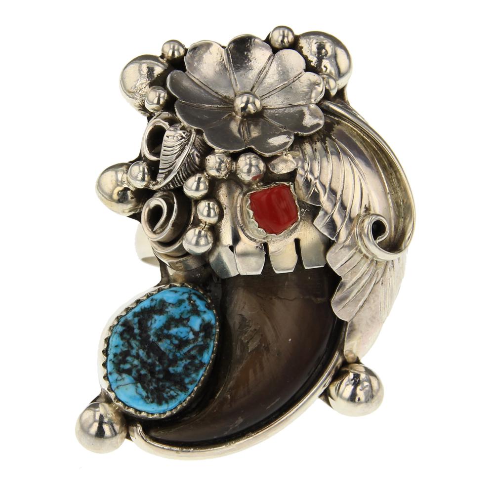 Kingman Turquoise & Coral Bear Claw Ring (1 of 3)