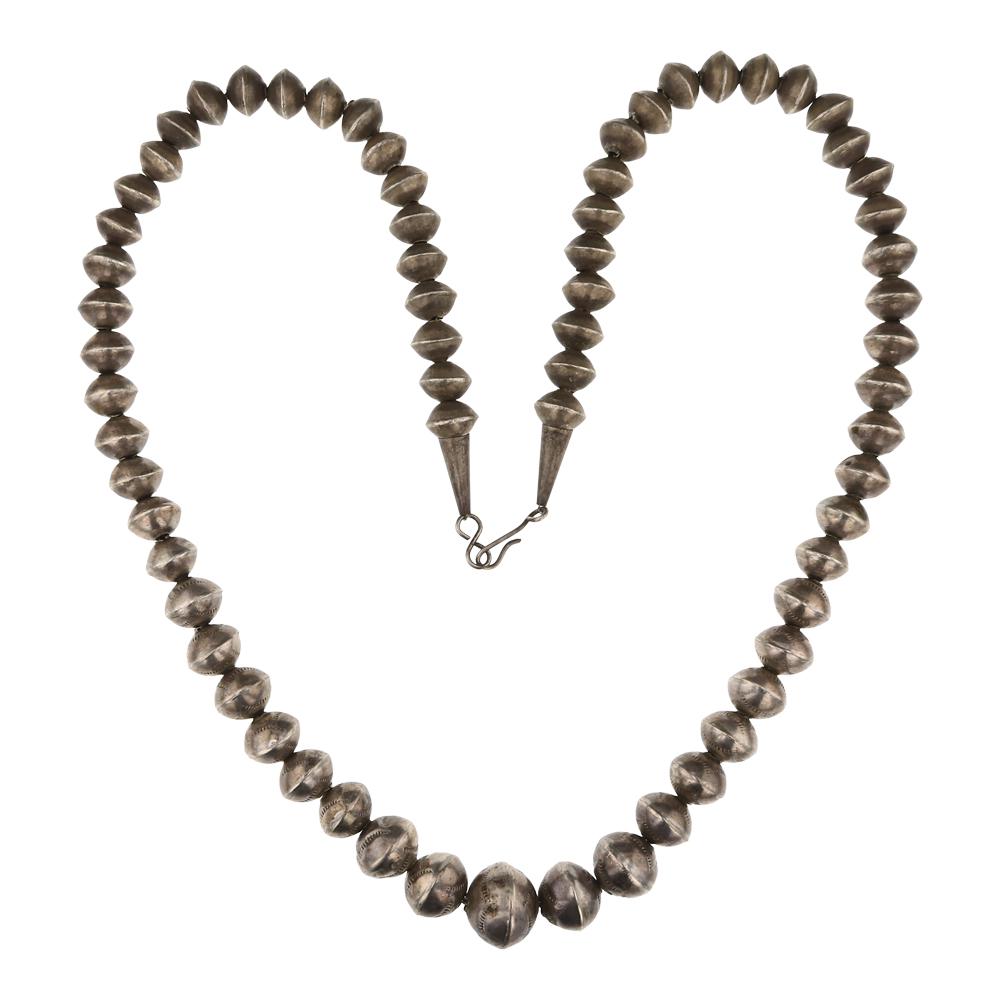 Vintage Pawn Graduated Bench Beads Necklace: Sterling Silver | | Vintage Pawn Graduated Bench Beads Necklace | Navajo Native American Southwest Indian Jewelry | Approx. Weight:60 Grams, | Dimensions: Necklace: 24" length, .75" face width |