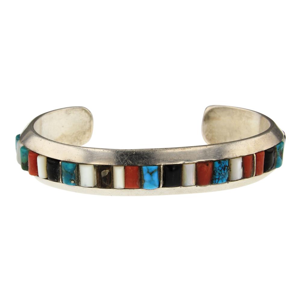 Vintage Navajo Cobblestone Inlay Cuff Bracelet: Sterling Silver | Genuine Turquoise, Coral, Acoma Jet, & Mother of Pearl | Vintage Navajo Cobblestone Inlay Cuff Bracelet | Navajo Native American Southwest Indian Jewelry | Approx. Weight:38 Grams, |