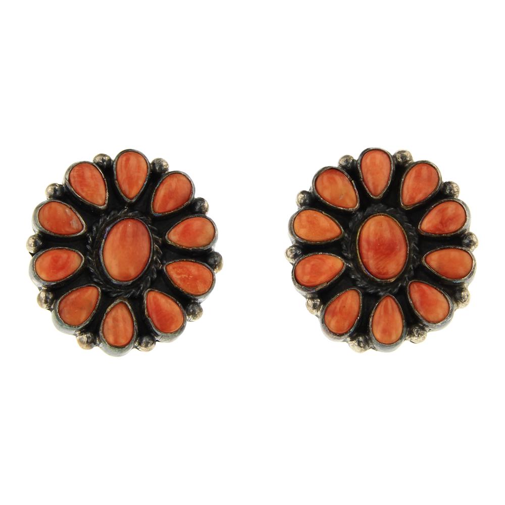 Geneva Apachito Spiny Oyster Cluster Earrings: Sterling Silver | Genuine Spiny Oyster | Geneva Apachito Spiny Oyster Cluster Earrings | Navajo Native American Southwest Indian Jewelry | Approx. Weight:12 Grams, | Dimensions: Earrings: 1" x 1" (for