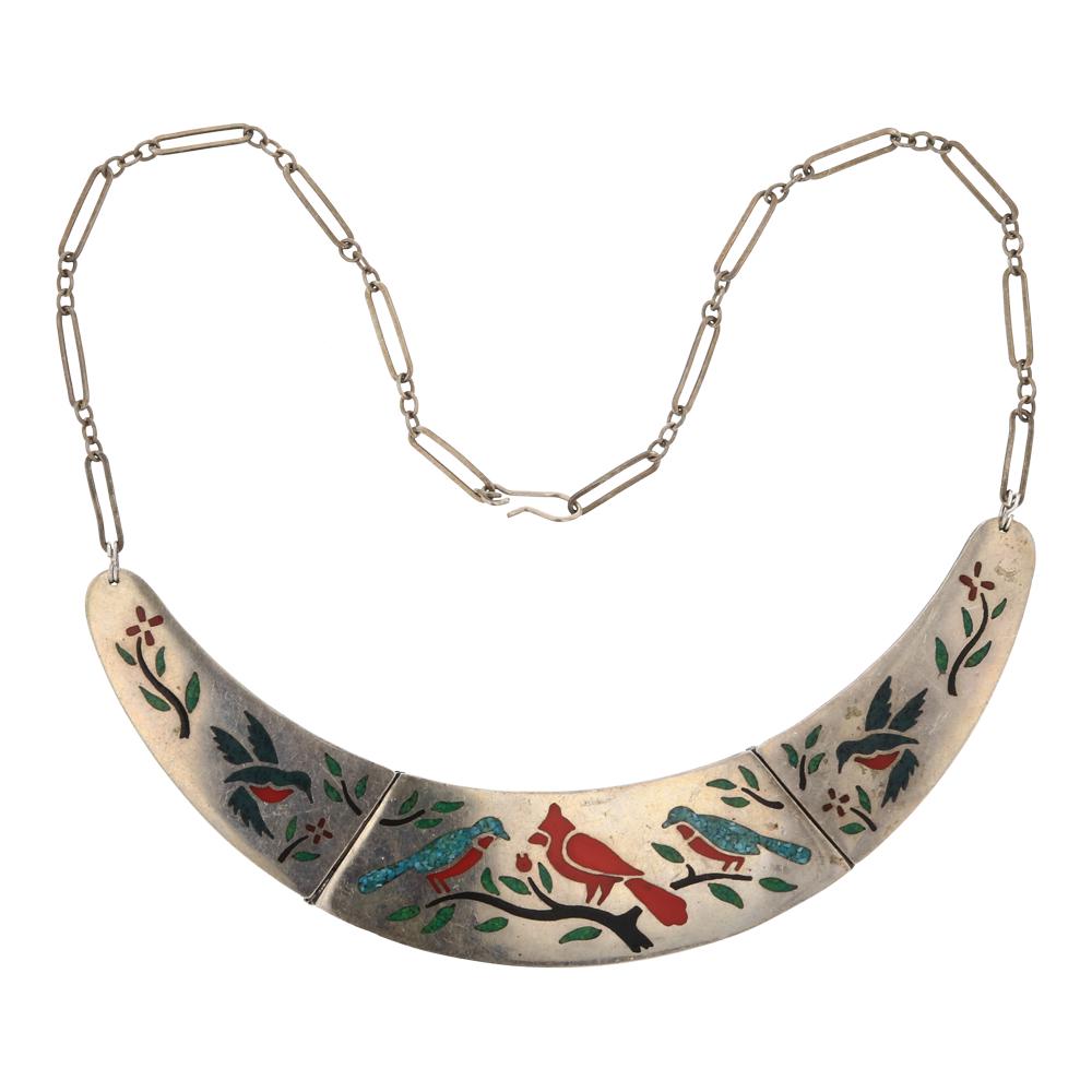 Vintage Zuni Inlay Turquoise & Coral Choker Necklace: Sterling Silver | Genuine Turquoise & Coral | Vintage Zuni Inlay Turquoise & Coral Choker Necklace | Zuni Native American Southwest Indian Jewelry | Approx. Weight:50 Grams, | Dimensions: Necklace: 12