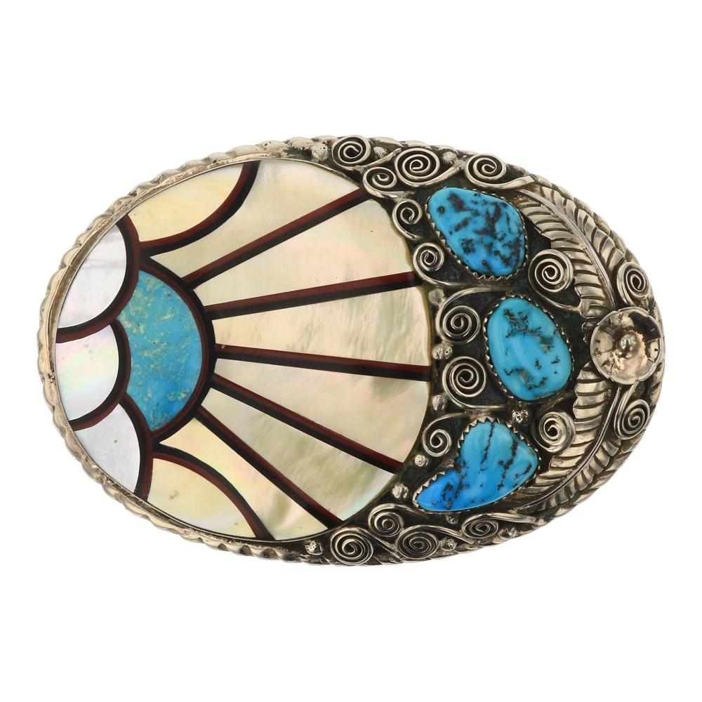 Vintage Pawn Zuni Inlay Leaf Belt Buckle (1 of 2)