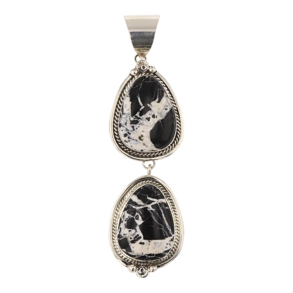 Ella Linkin White Buffalo Pendant: Sterling Silver | Genuine White Buffalo | Ella Linkin White Buffalo Pendant | Navajo Native American Southwest Indian Jewelry | Approximate Weight: 24 Grams | Dimensions: Pendant: 1" x 3.75" | Signed: