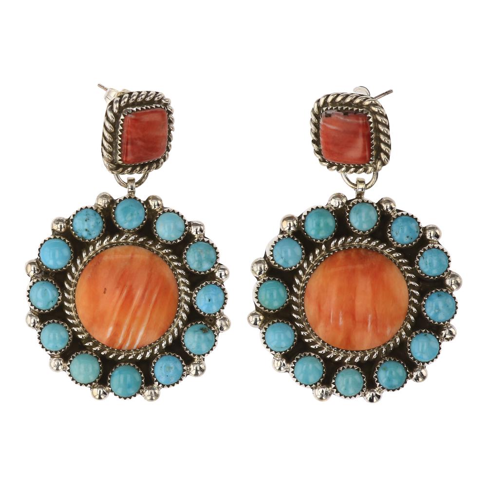 Kenneth Jones Spiny Oyster & Turquoise Cluster Earrings: Sterling Silver | Genuine Spiny Oyster Shell | Kenneth Jones Spiny Oyster & Turquoise Cluster Earrings | Navajo Native American Southwest Indian Jewelry | Approximate Weight: 36 Grams | Dimensions: Ea