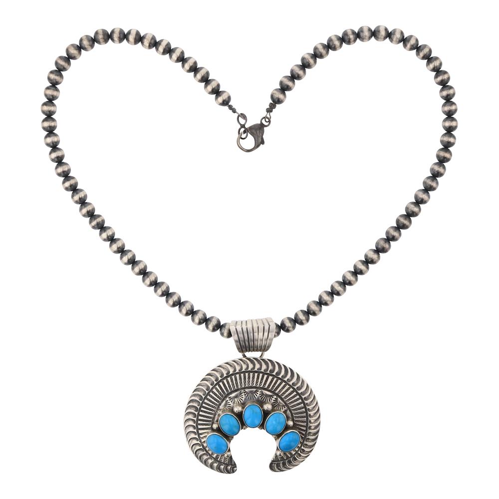 Marry Ann Spencer Sleeping Beauty Turquoise Naja On: Sterling Silver | Genuine Sleeping Beauty Turquoise | Marry Ann Spencer Sleeping Beauty Turquoise Naja On Navajo Pearls Necklace | Navajo Native American Southwest Indian Jewelry | Approximate Weight: