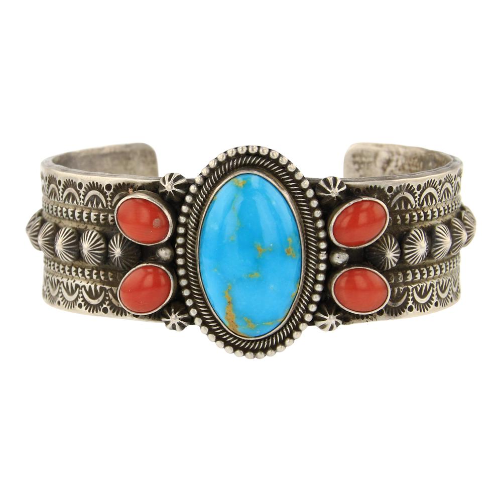 Michael Calladito Blue Bird Turquoise & Coral Cuff (1 of 5)