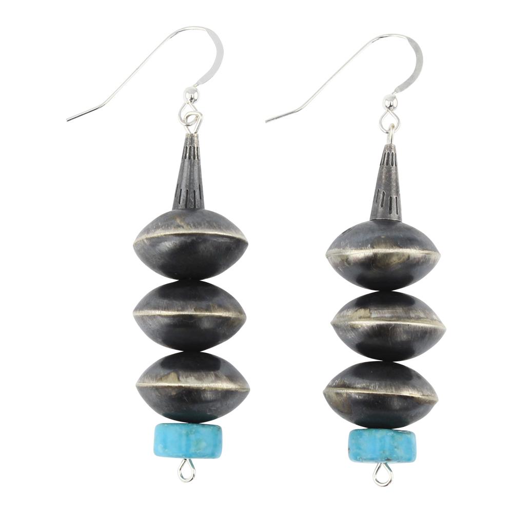 Navajo Bench Beads & Turquoise Earrings: Sterling Silver | | Navajo Bench Beads & Turquoise Earrings | Navajo Native American Southwest Indian Jewelry | Weight:13 Grams, | Dimensions: Earrings: .75" x 2.5" (for both) |