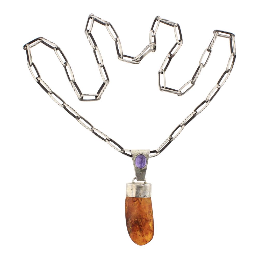 Oscar Alexius Amber & Chaorite Necklace: Sterling Silver | Genuine Amber & Chaorite | Oscar Alexius Amber & Chaorite Necklace | Navajo Native American Southwest Indian Jewelry | Weight: 38 Grams, | Dimensions: Necklace: 22" length, .75" x 2.