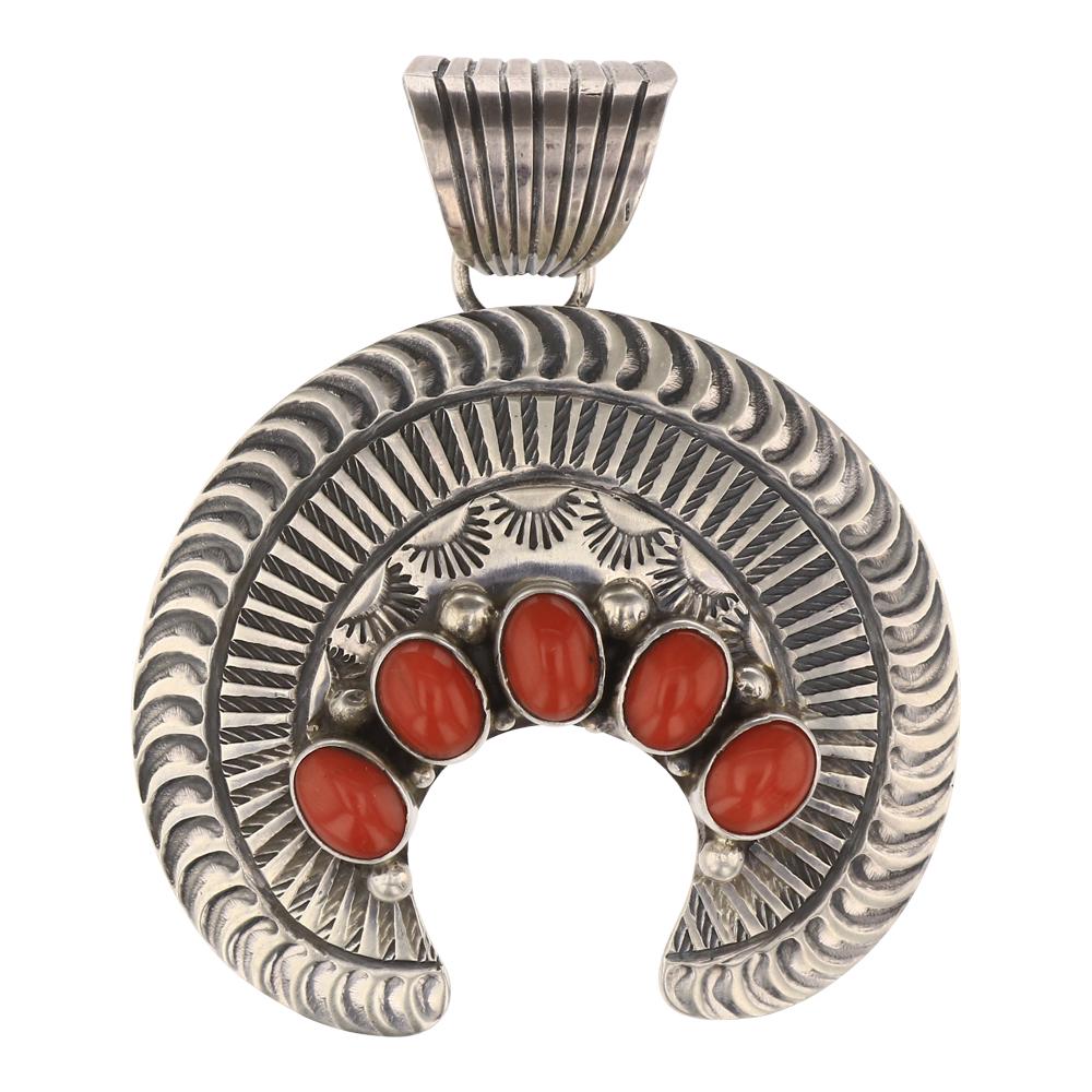 Marry Ann Spencer Coral Naja Pendant: Sterling Silver | Genuine Mediterranean Coral | Marry Ann Spencer Coral Naja Pendant | Navajo Native American Southwest Indian Jewelry | Weight: 24 Grams, | Dimensions: Pendant: 2" x 2.5" | Signed: M 