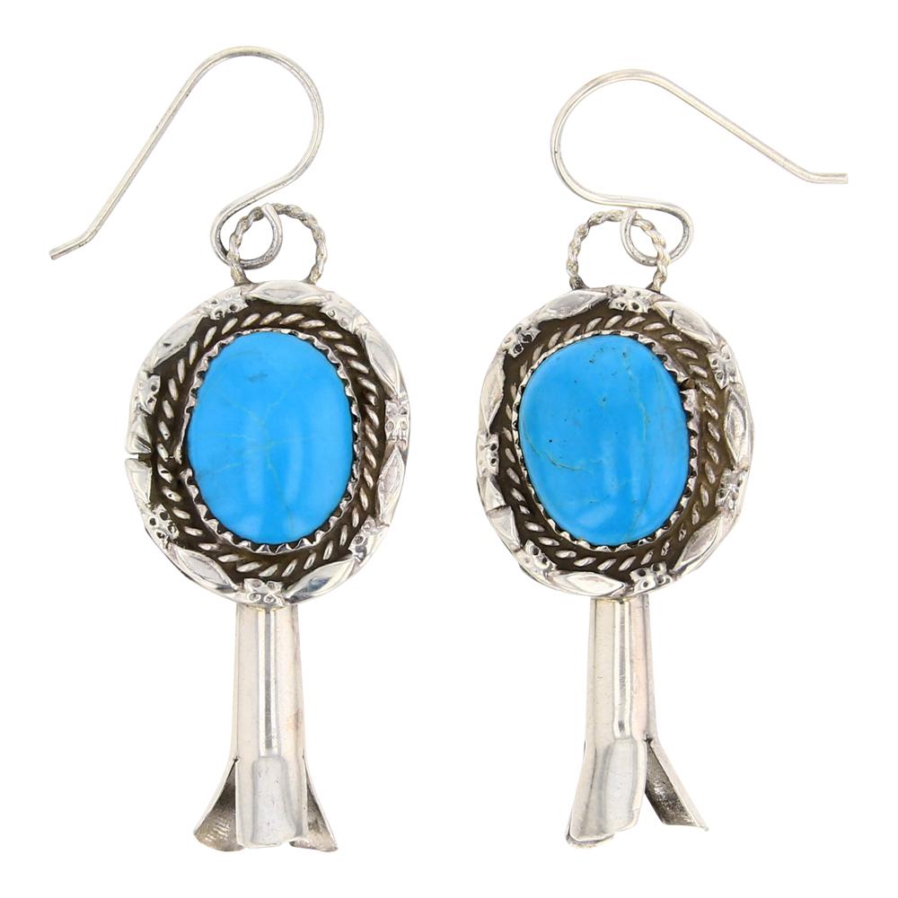 Kingman Turquoise Blossom Earrings: Sterling Silver | Genuine Kingman Turquoise | Kingman Turquoise Blossom Earrings | Navajo Native American Southwest Indian Jewelry | Weight: 8 Grams, | Dimensions: Earrings: .75" x 2" (each) |