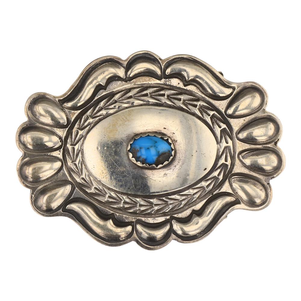 Robert Johnson Turquoise Belt Buckle: Sterling Silver | Genuine Turquoise | Robert Johnson Turquoise Belt Buckle | Navajo Native American Southwest Indian Jewelry | Weight: 23 Grams, | Dimensions: Dimensions: Buckle: 2.25" x 1.75" | Signe