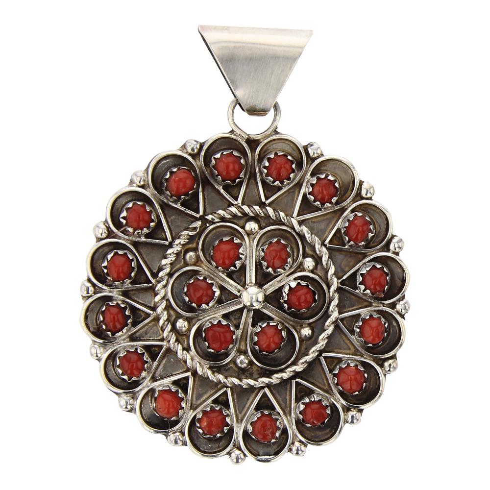 Lorenzo James Mediterranean Coral Cluster Pendant: Sterling Silver | Genuine Coral | Lorenzo James Mediterranean Coral Cluster Pendant | Navajo Native American Southwest Indian Jewelry | Weight: 9 Grams, | Dimensions: Pendant: 1.5" x 2" | Signed: L Ja