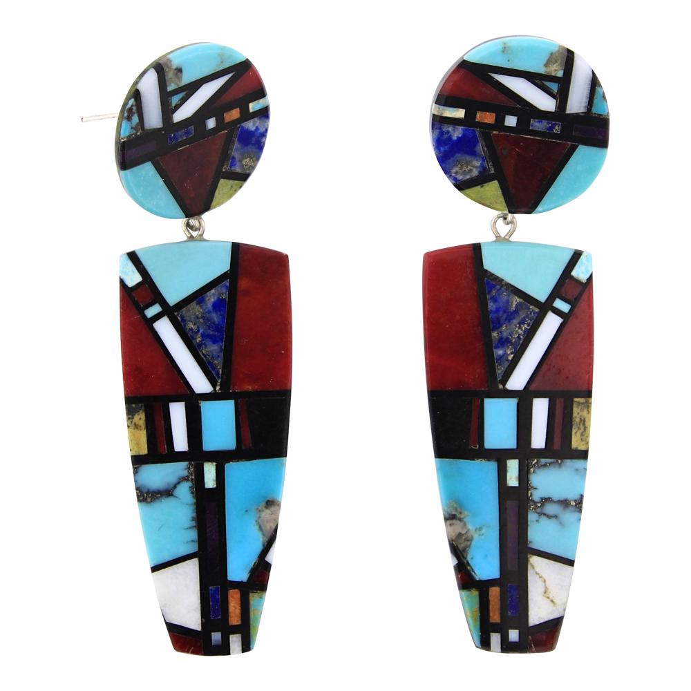 Santa Domingo Pueblo Turquoise Lapis, Coral, & Shell Earrings (1 of 2)