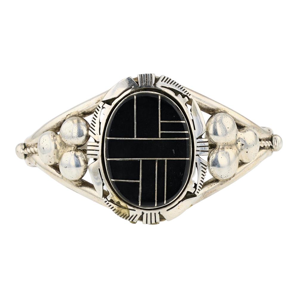 Eddie Secatero Black Onyx Inlay Bracelet: Sterling Silver | Genuine Black Onyx | Eddie Secatero Black Onyx Inlay Bracelet | Navajo Native American Southwest Indian Jewelry | Weight: 38 Grams, | Dimensions: Bracelet: 5" inner, 1" gap, 6" total