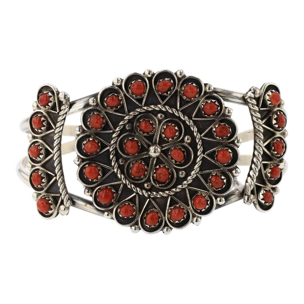 Leonard James Mediterranean Coral Cluster Bracelet: Sterling Silver | Genuine Mediterranean Coral | Leonard James Mediterranean Coral Cluster Bracelet | Navajo Native American Southwest Indian Jewelry | Weight: 22 Grams, | Dimensions: Bracelet: 5.25" i