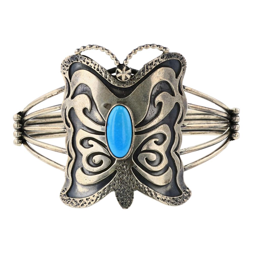 Marita Benally Sleeping Beauty Turquoise Butterfly Bracelet: Sterling Silver | Genuine Sleeping Beauty Turquoise | Marita Benally Sleeping Beauty Turquoise Butterfly Bracelet | Navajo Native American Southwest Indian Jewelry | Weight: 31 Grams, | Dimensions: Br