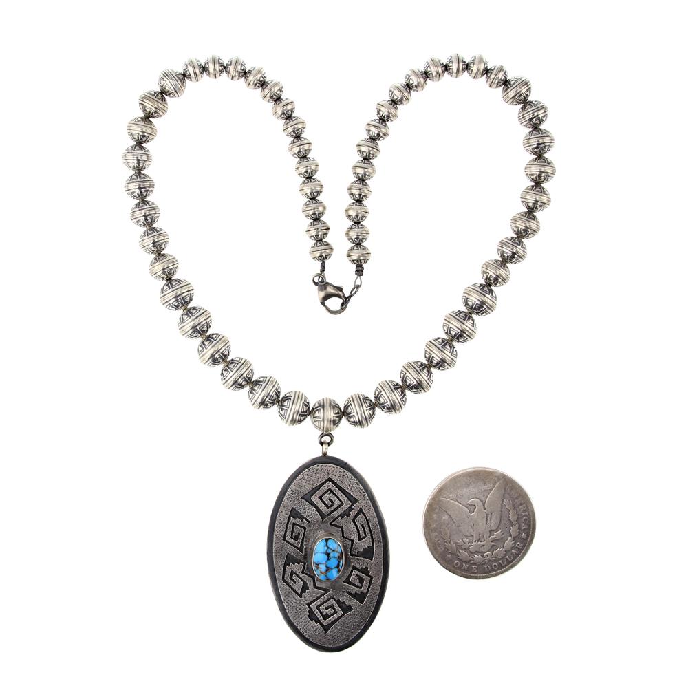Marita Benally Candelaria Turquoise Necklace: Sterling Silver | Genuine Candelaria Turquoise | Marita Benally Candelaria Turquoise Necklace | Navajo Native American Southwest Indian Jewelry | Weight: 74 Grams, | Dimensions: Necklace: 18" length, 