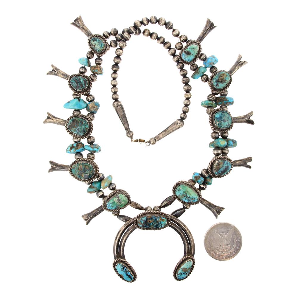 Old Pawn 1970s Nevada Turquoise Squash Blossom Strung On Handmade Bench Beads & Nevada Turquoise (1 of 4)