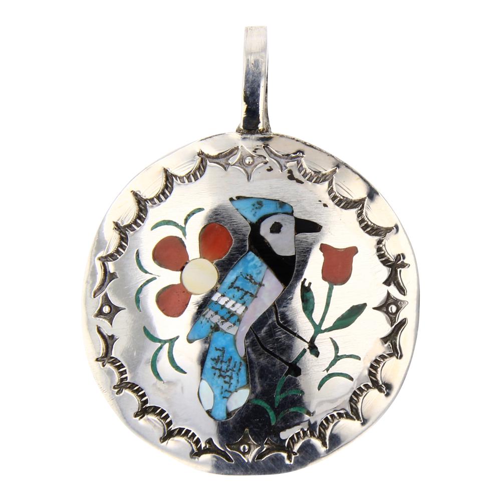 Sammy & Esther Guardian Zuni Turquoise Coral & Shell Inlay Bird Pendant (1 of 2)