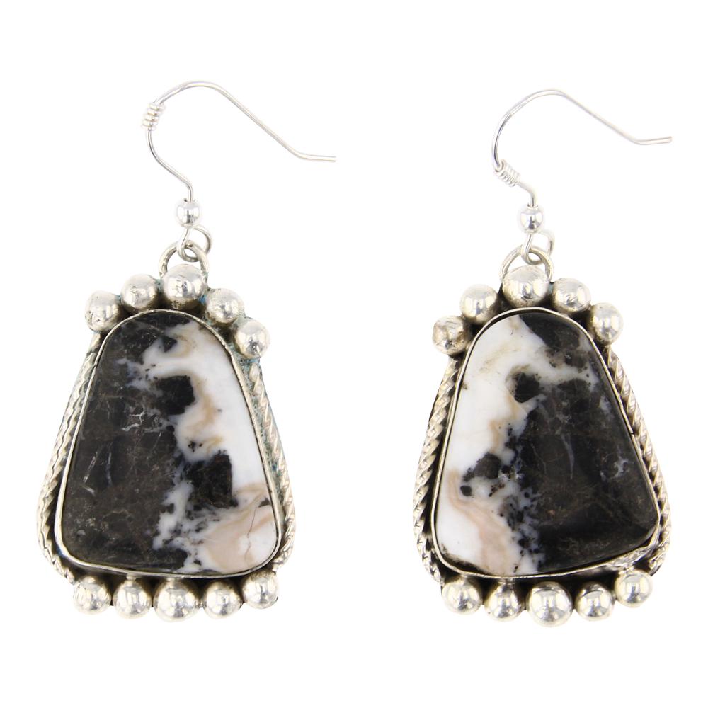 White Buffalo Earrings: Sterling Silver | Genuine White Buffalo | White Buffalo Earrings | Navajo Native American Southwest Indian Jewelry | Approximate Weight: 16 Grams, | Approximate Dimensions: Earrings: 1" x 1.75" (Each)