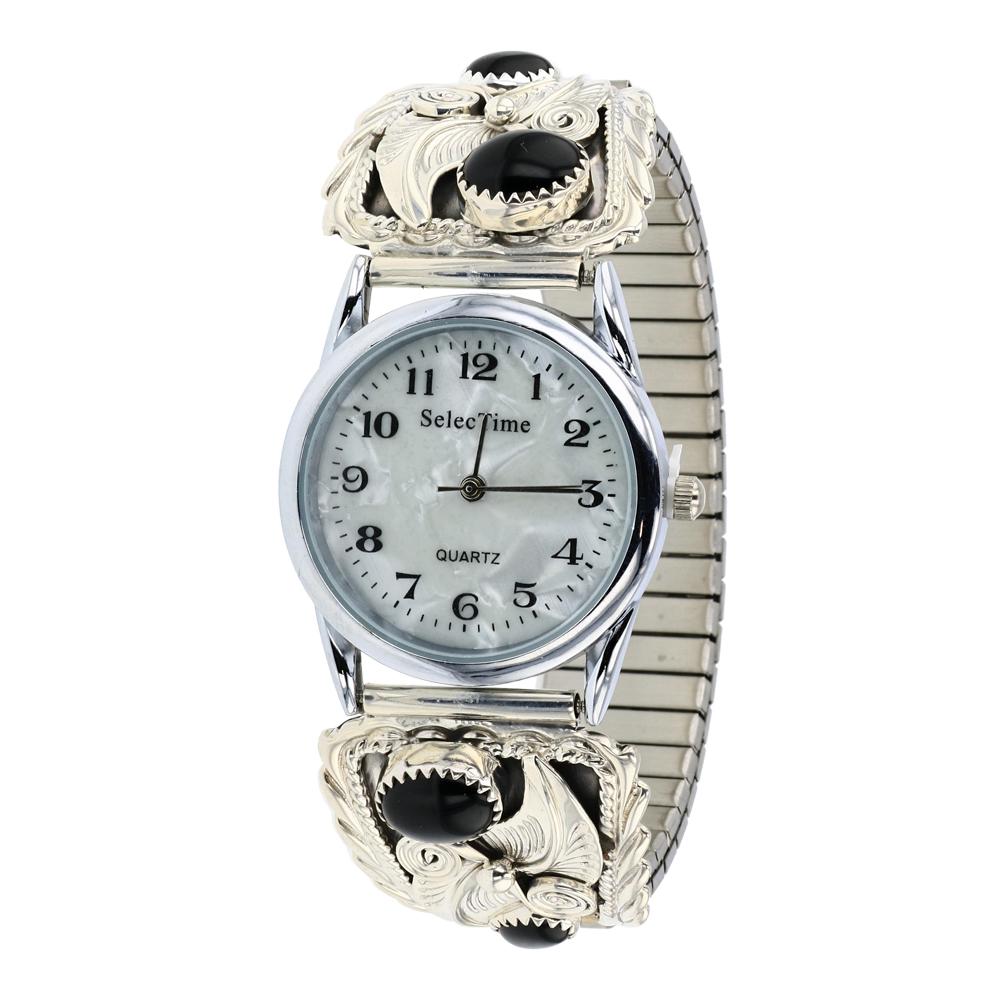 Black Onyx Watch bracelet: Sterling Silver | Genuine Black Onyx | Black Onyx Watch bracelet | Navajo Native American Southwest Indian Jewelry | Approximate Weight: 55 Grams, | Approximate Dimensions: Watch: 7.25" length, 1.25"