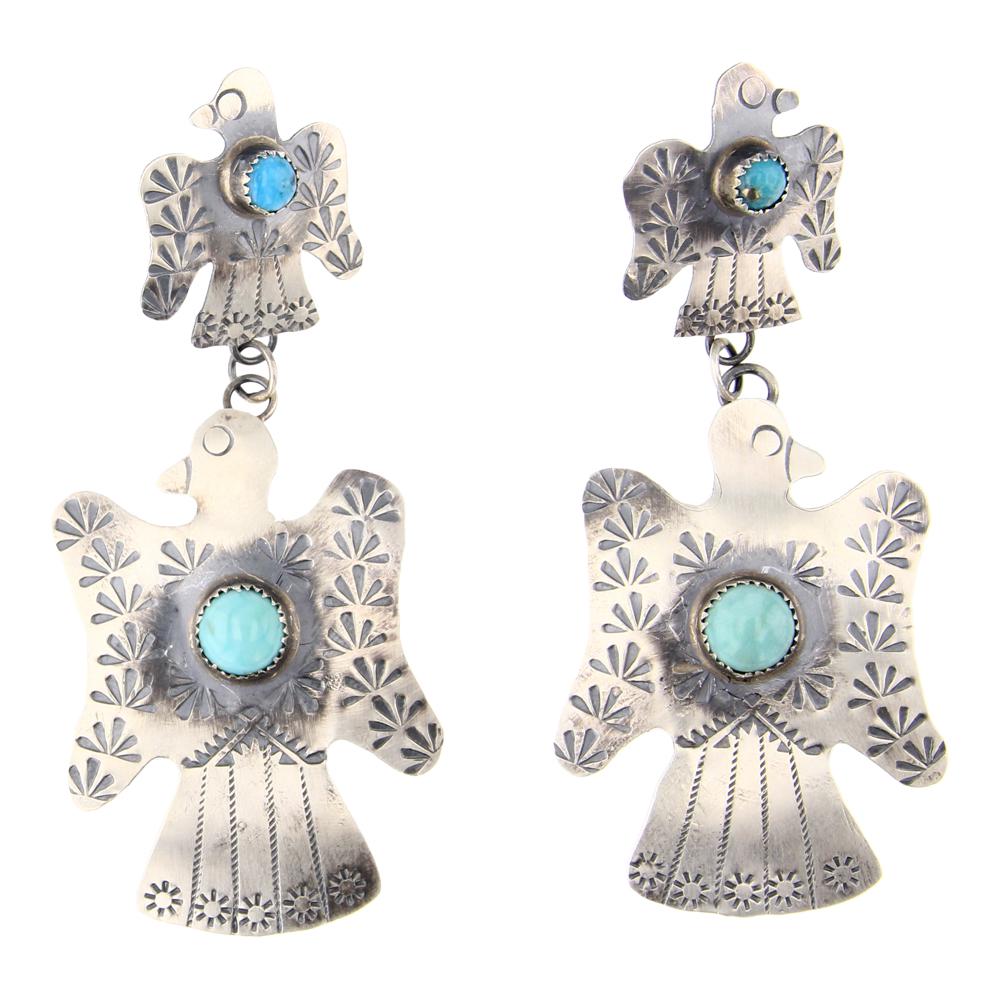 Tim Yazzie Kingman Turquoise Thunderbird Earrings: Sterling Silver | Genuine Kingman Turquoise | Tim Yazzie Kingman Turquoise Thunderbird Earrings | Navajo Native American Southwest Indian Jewelry | Approximate Weight: 13 Grams, | Approximate Dimensio