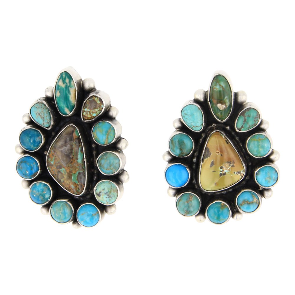 Navajo Nevada Turquoise Cluster Earrings: Sterling Silver | Genuine Nevada Turquoise | Navajo Nevada Turquoise Cluster Earrings | Navajo Native American Southwest Indian Jewelry | Approximate Weight: 27 Grams, | Approximate Dimensions: Earrin