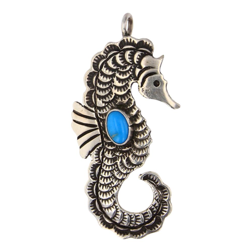 Lee Charlie Sleeping Beauty Turquoise Seahorse Pendant: Sterling Silver | Genuine Sleeping Beauty Turquoise | Lee Charlie Sleeping Beauty Turquoise Seahorse Pendant | Navajo Native American Southwest Indian Jewelry | Approximate Weight: 4 Grams, | Dimensio
