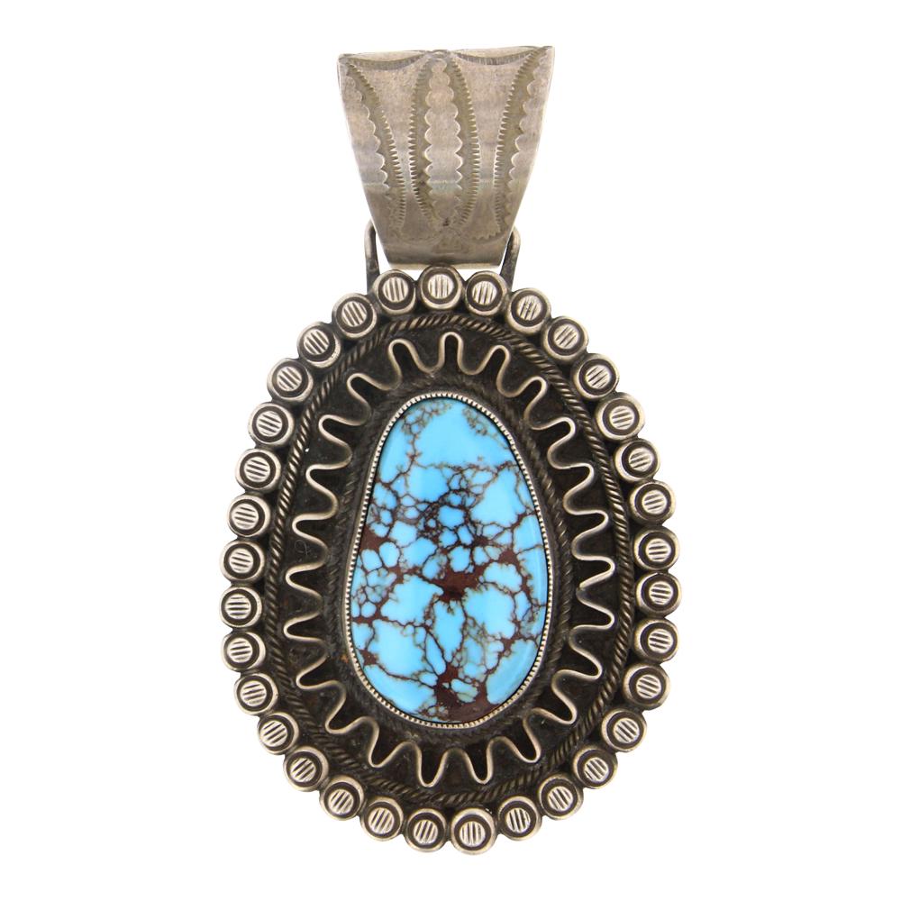 Calvin Martinez Spiderweb Turquoise Intricate Pendant: Sterling Silver | Genuine Turquoise | Calvin Martinez Spiderweb Turquoise Intricate Pendant | Navajo Native American Southwest Indian Jewelry | Approximate Weight: 33 Grams, | Dimensions: Pendant: 1.7