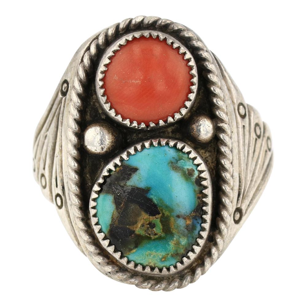 Vintage Nevada Turquoise & Coral Men's Ring (1 of 3)