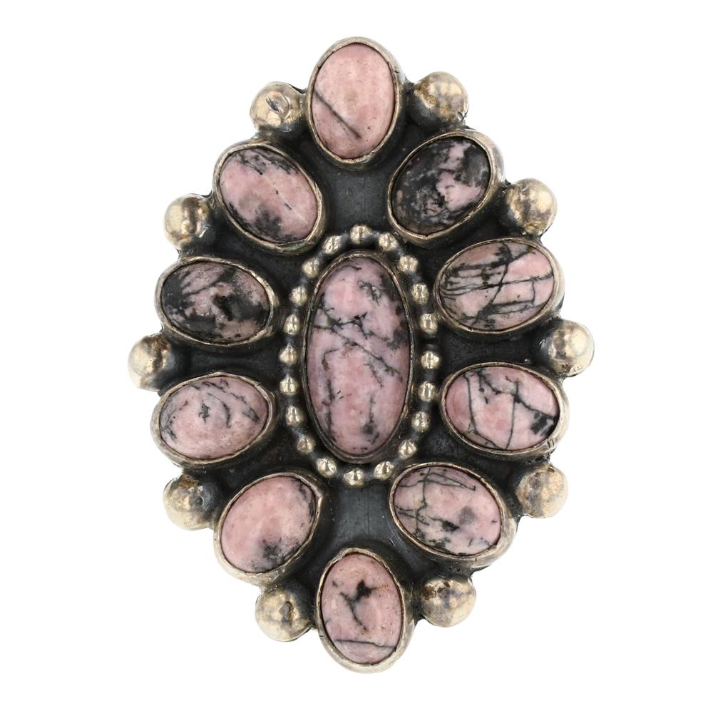 Ernest Begay Rhodochrosite Cluster Ring: Sterling Silver | Genuine Rhodochrosite | Ernest Begay Rhodochrosite Cluster Ring | Navajo Native American Southwest Indian Jewelry | Approximate Weight: 13 Grams | Dimensions: Ring: 6.25 size, 1.5" f