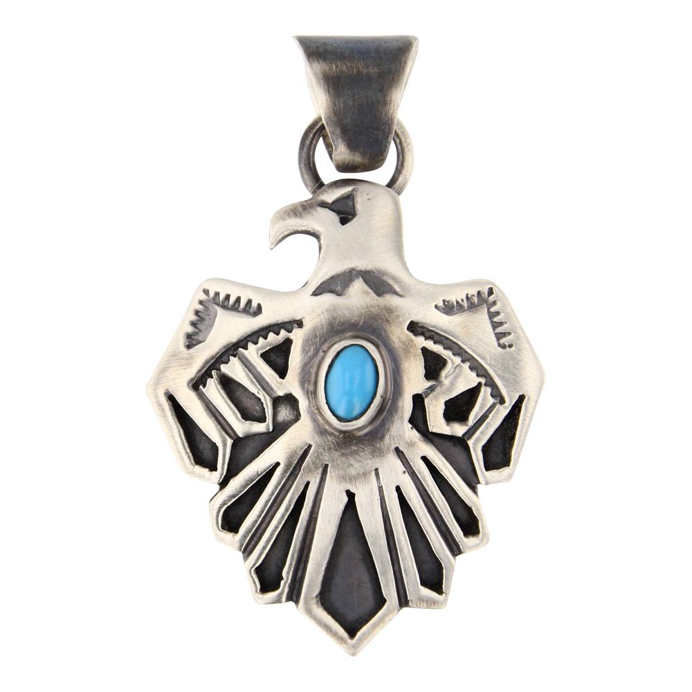 Kingman Turquoise Thunderbird Pendant: Sterling Silver | Genuine Kingman Turquoise | Kingman Turquoise Thunderbird Pendant | Navajo Native American Southwest Indian Jewelry | Approximate Weight: 9 Grams | Dimensions: Pendant: 1" x 1.75" |