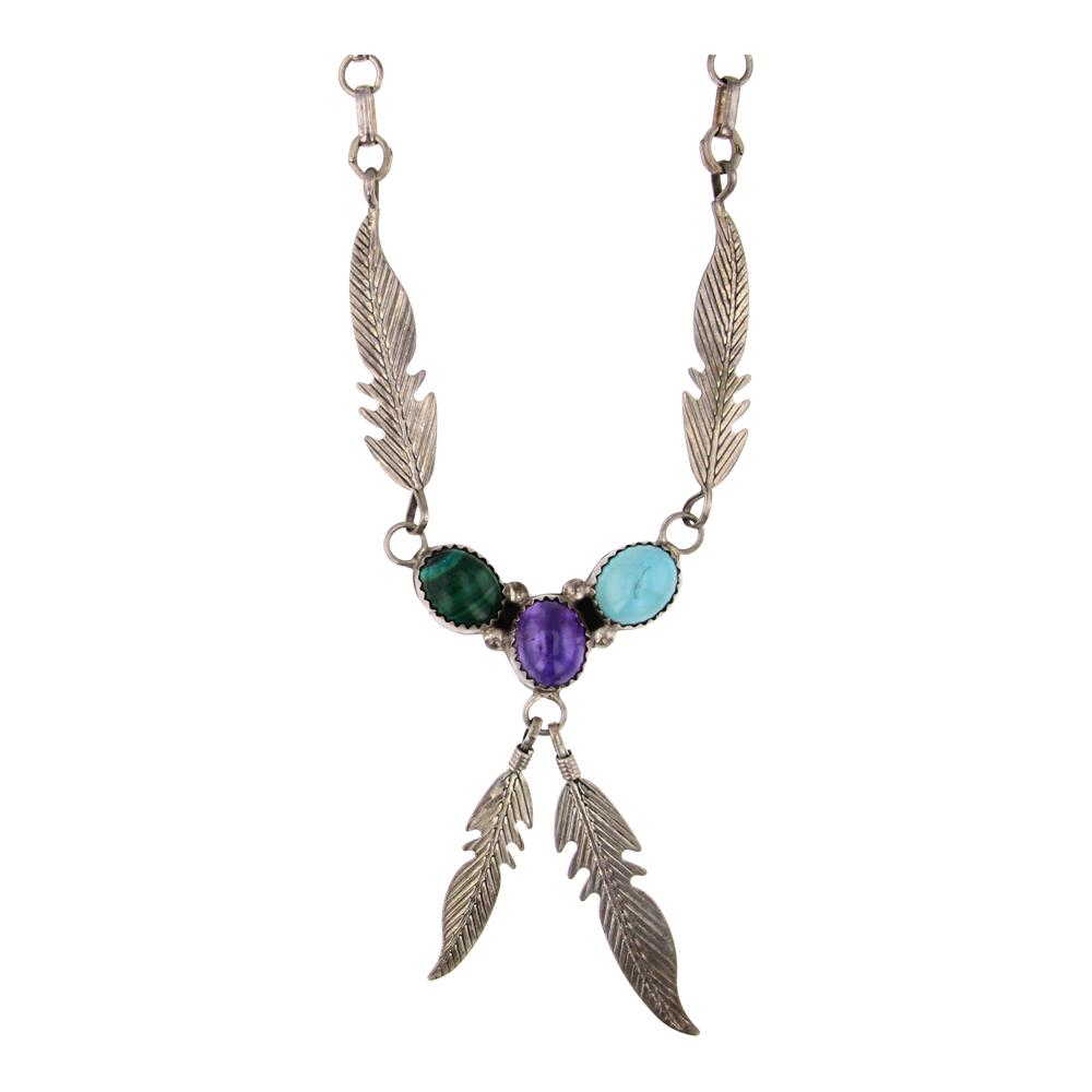 Navajo Turquoise Charoite & Malachite Necklace: Sterling Silver | Genuine Turquoise Charoite & Malachite | Navajo Turquoise Charoite & Malachite Necklace | Navajo Native American Southwest Indian Jewelry | Approximate Weight: 16 Grams | Dimensions: