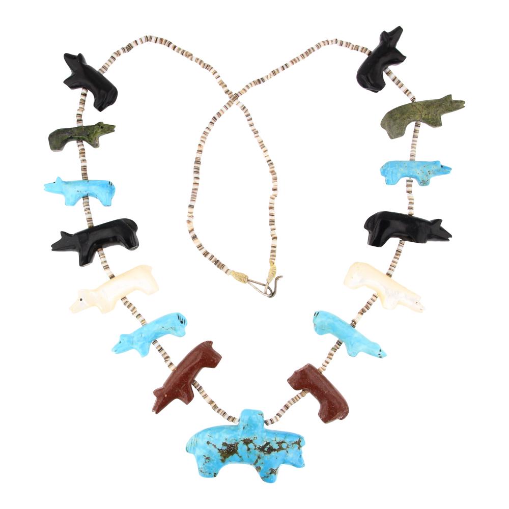 Zuni Turquoise Jet Mother of Pearl Jasper & Shell Carved Fetish Necklace: Sterling Silver | Genuine Turquoise, Jet, Mother of Pearl, Jasper & Shell | Zuni Turquoise Jet Mother of Pearl Jasper & Shell Carved Fetish Necklace | Zuni Native American Southwest Indian Jewelry | A