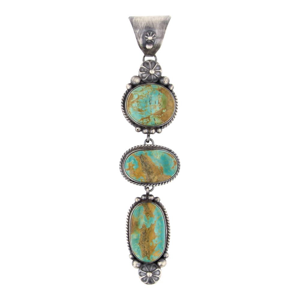 Ella Linkin Menassa Turquoise Pendant: Sterling Silver | Genuine Menassa Turquoise | Ella Linkin Menassa Turquoise Pendant | Navajo Native American Southwest Indian Jewelry | Approximate Weight: 29 Grams | Dimensions: Pendant: 1" x 4.75" |