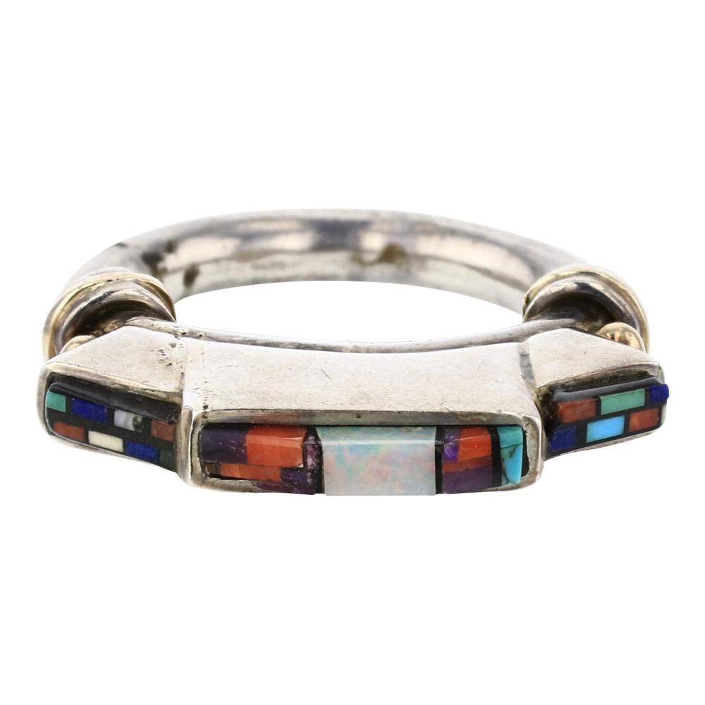 Carl & Irene Clark 14K Gold & Sterling Silver Turquoise Coral Sugilite Micro Inlay Ring: Sterling Silver & 14K Gold | Genuine Turquoise, Coral, Sugilite, Lapis & Opal | Carl & Irene Clark 14K Gold & Sterling Silver Turquoise Coral Sugilite Micro Inlay Ring | Navajo Native American Southwe