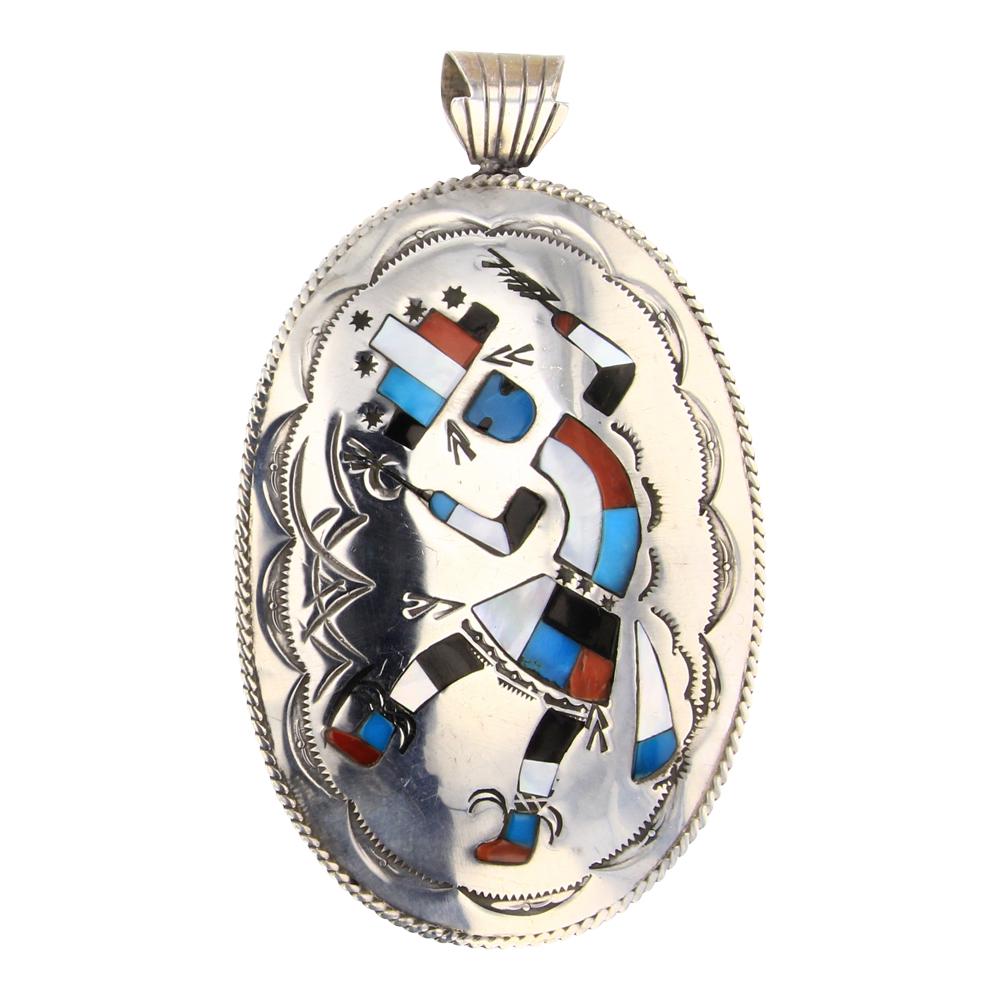 Zuni Turquoise Coral & Mother of Peal Inlay Dancer Pendant (1 of 2)