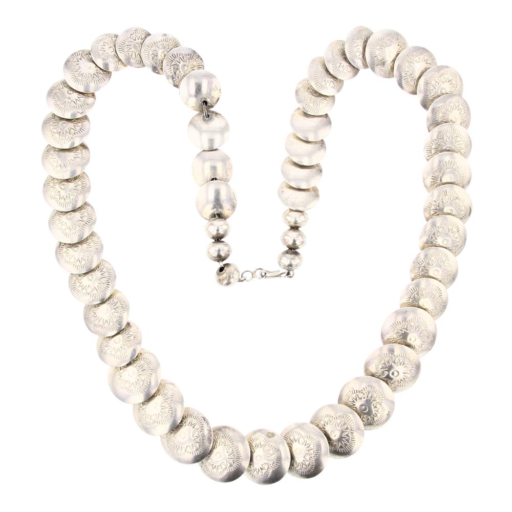 Navajo Stamped Pillow Beads Plain Silver Necklace: Sterling Silver | | Navajo Stamped Pillow Beads Plain Silver Necklace | Navajo Native American Southwest Indian Jewelry | Approximate Weight: 105 Grams | Dimensions: Necklace: 24" length, beads range 