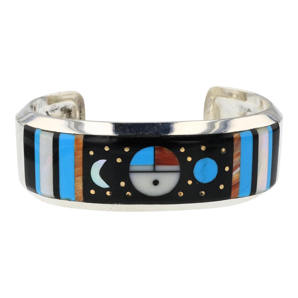 Willie Shaw Turquoise Mother of Pearl Jet Black & Shell Inlay Cuff Bracelet: Sterling Silver | Genuine Turquoise, Mother of Peral, Jet Black & Shell | Willie Shaw Turquoise Mother of Pearl Jet Black & Shell Inlay Cuff Bracelet | Navajo Native American Southwest Indian Jewelry