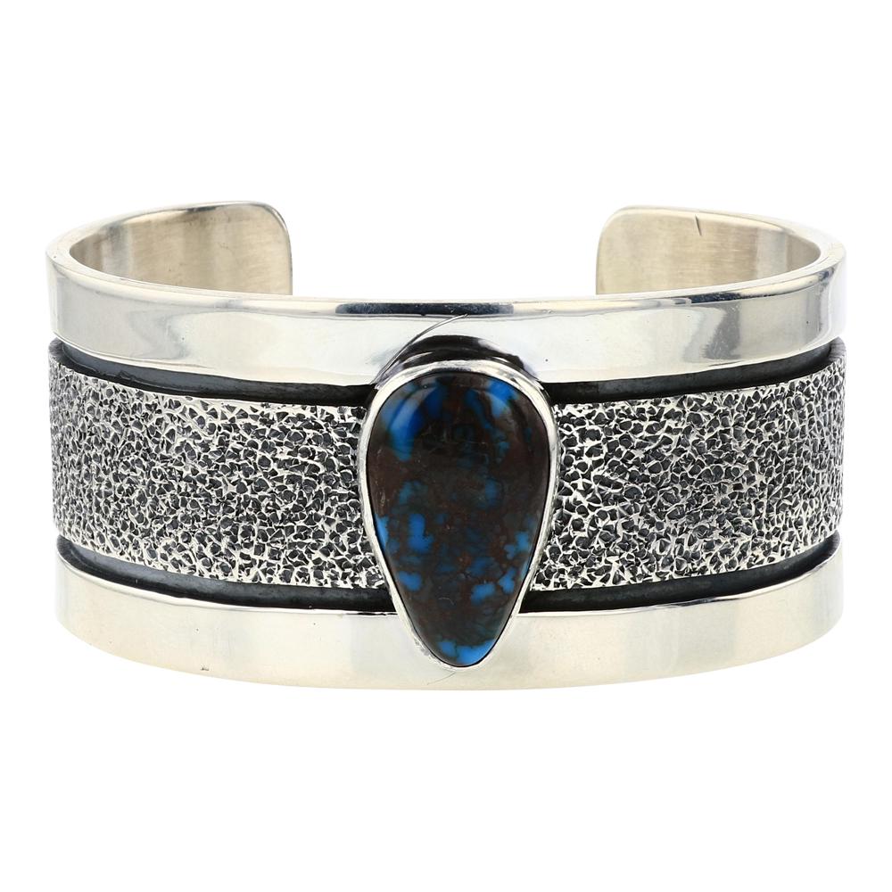 Marita Benally Bisbee Turquoise Contemporary Cuff Bracelet: Sterling Silver | Genuine Bisbee Turquoise | Marita Benally Bisbee Turquoise Contemporary Cuff Bracelet | Navajo Native American Southwest Indian Jewelry | Approximate Weight: 103 Grams | Dimensions: 