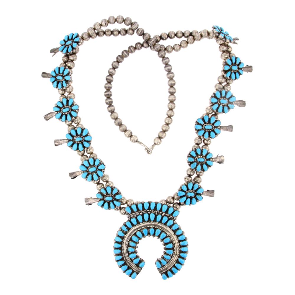 Vintage Navajo Block Turquoise Cluster Squash Blossom Necklace (1 of 3)